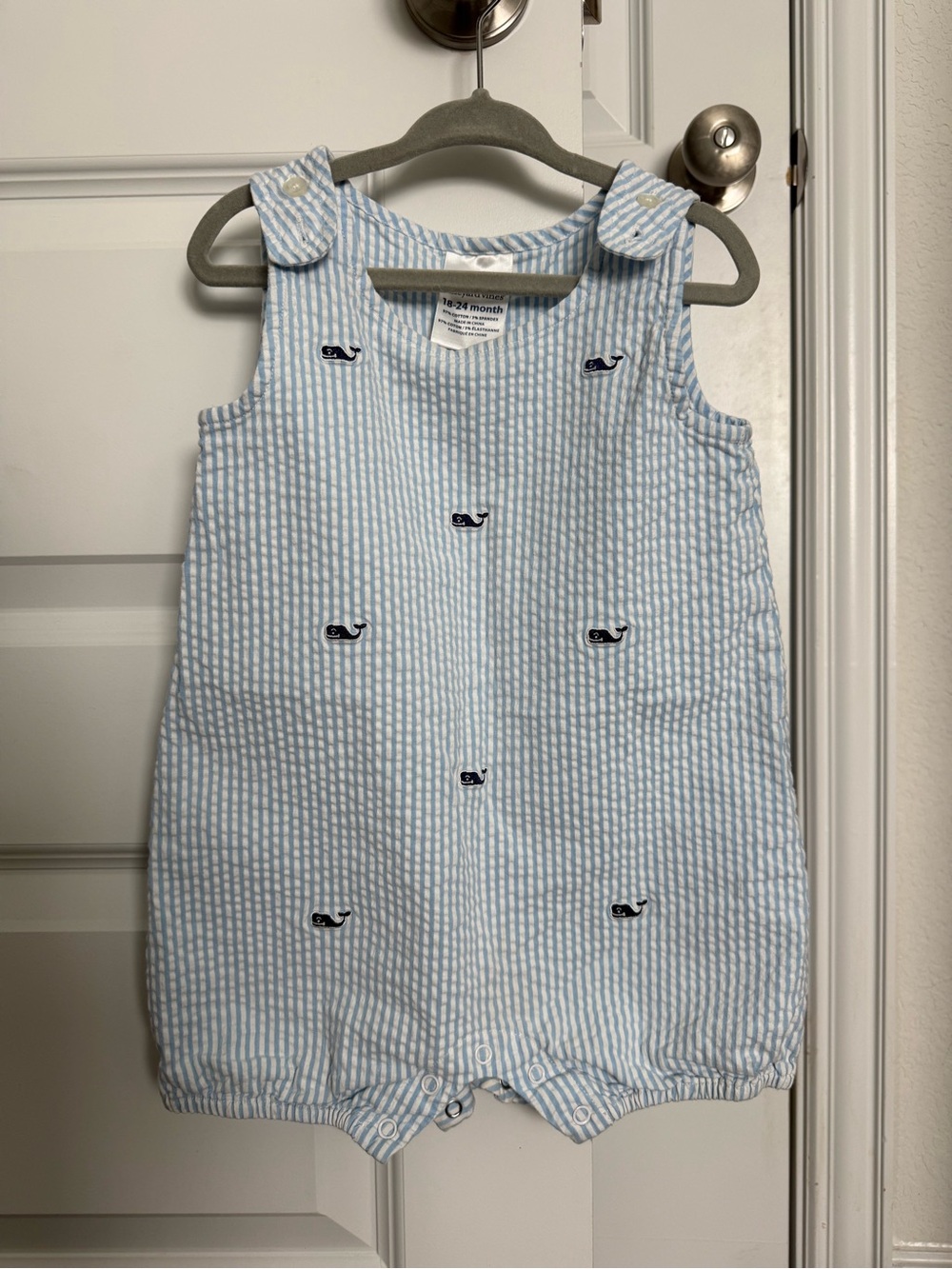 Vineyard Vines Light Blue & White Seersucker Baby romper with Whale Embroidery
